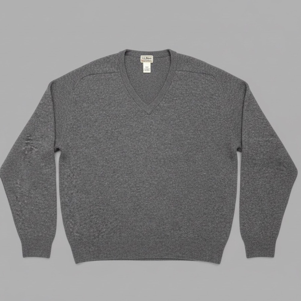 New VNTG LL Bean Mens V Neck Sweater Gray 100% Lambswool Pullover Size LG